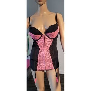 Black‎ & Pink Lace Bustier Lingerie Set 34DD Corset Style Lace-Up Back